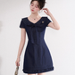 Design sense niche blue v-neck denim dress temperament French college style short skirt R4140