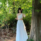 French high-end cool feeling white off-shoulder waist dress seaside holiday super fairy long dress R0208