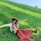 Beach holiday dress travel wear chiffon retro red dress floral loose suspender beach dress R1599