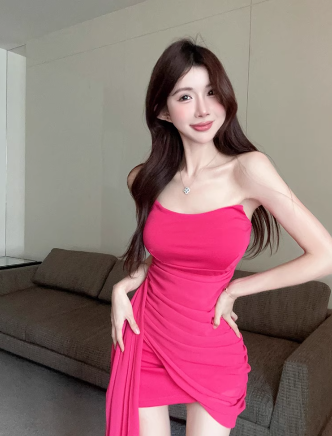 One-shoulder tube top dress niche design ribbon slim hip-hugging small gift skirt R0560