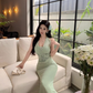 French high-end green v-neck lace halter dress temperament celebrity waist slim hip dress R0453
