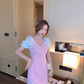 Mesh V-neck petite French first love sweet pink dress for women R4176