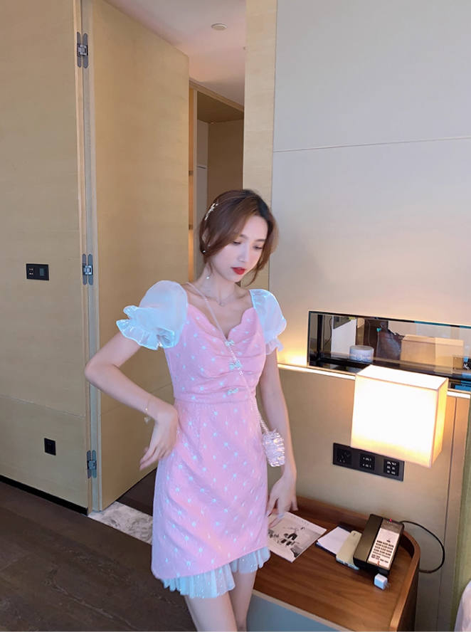 Mesh V-neck petite French first love sweet pink dress for women R4176