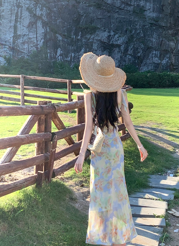 Romantic vacation floral ruffled V-neck dress for women, new style waist slimming long dress R4376