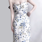 2025 Summer New French Blue Floral Holiday Style Mid-Length Suspender Dress R0923
