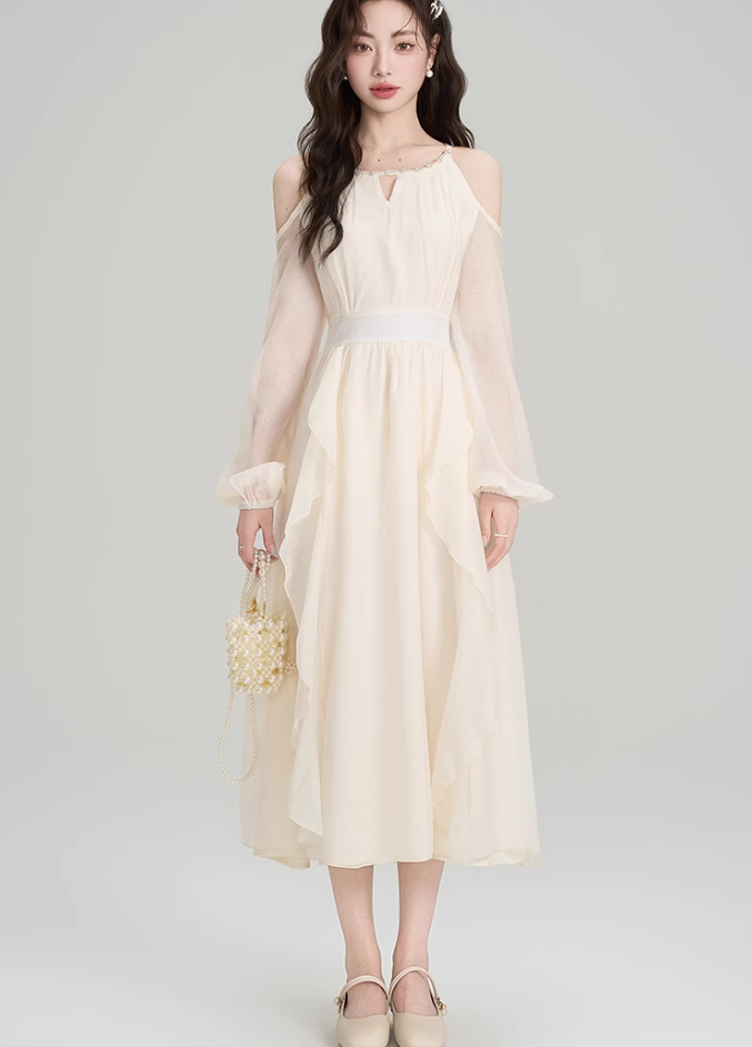 French style beautiful holiday long dress summer new ruffled halter neck off-shoulder dress R2364