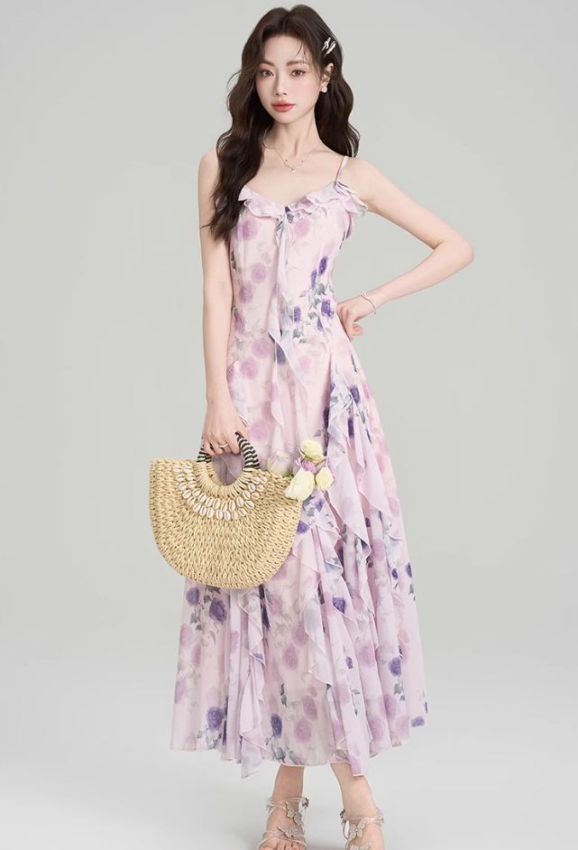 French holiday style dress summer ruffled floral suspender skirt with cardigan suit R2365