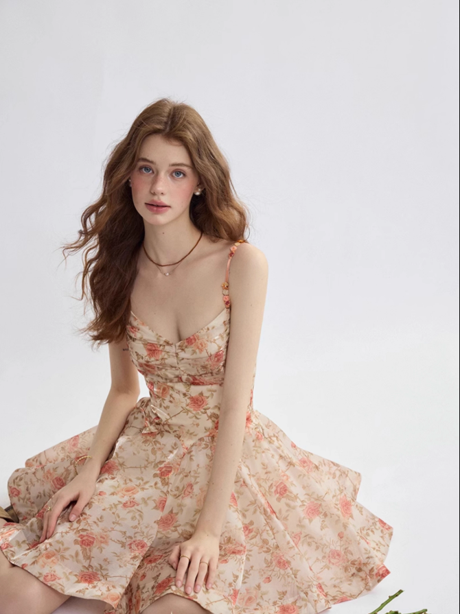 French suspender skirt floral dress high-end wear short skirt summer skirt R2767