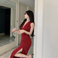 Retro temperament V-neck pleated sleeveless halter dress high-end holiday slit long skirt R1549