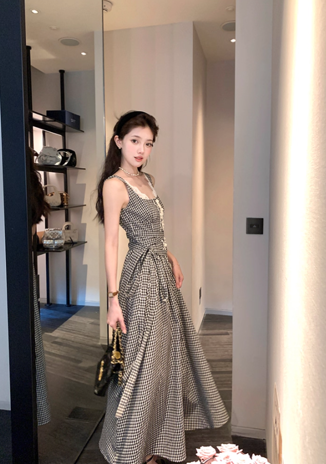Long Square Neck Black and White Plaid Waisted Suspender Dress Women's Summer French Style Skirt R4621