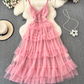 V-neck backless suspender dress waist a-line irregular mesh cake dress holiday long dress R0344