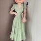 Summer holiday atmosphere small skirt beautiful gentle temperament green v-neck puff sleeve dress R0479
