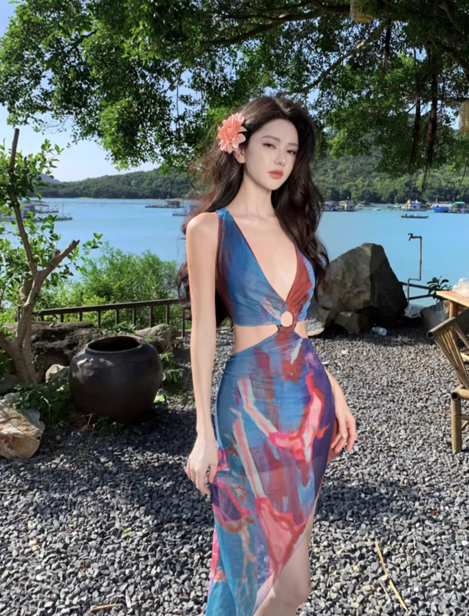 Ultra-low deep V elastic waist-revealing mesh dress hip skirt sexy seaside holiday outfit R1632