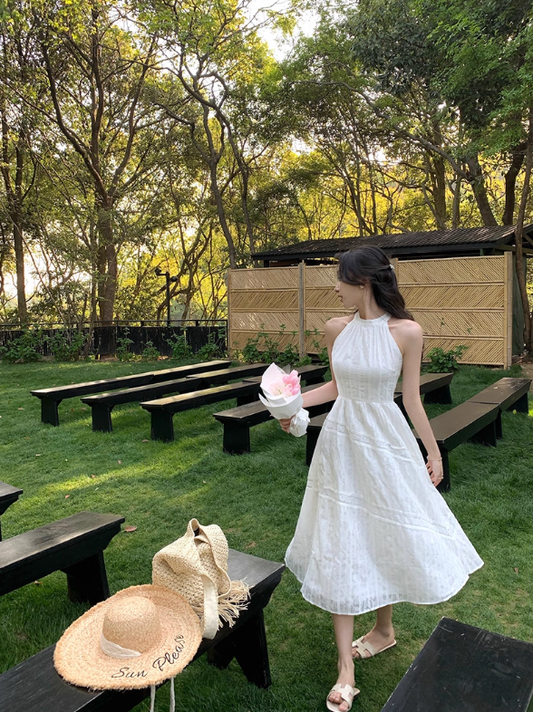 French style white sleeveless halter neck off-shoulder dress midi dress women's summer new style R4377