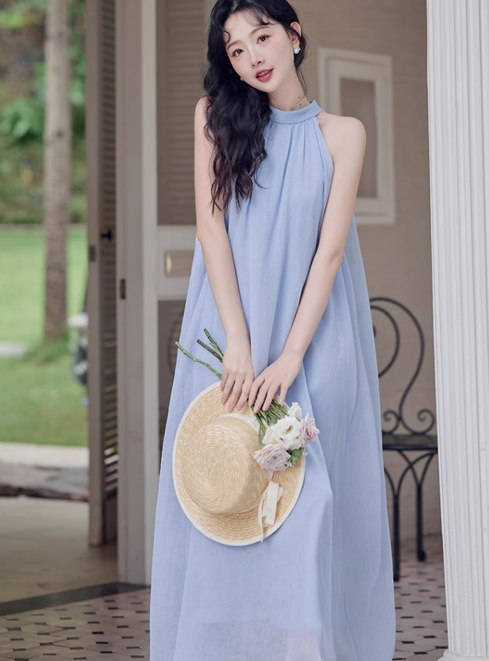 French blue halter neck dress new style holiday style waist beautiful fairy dress R2402