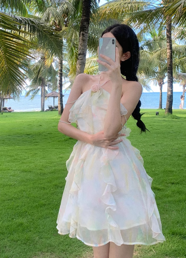 French style holiday sweet halter neck dress super fairy slim beach dress short style R1625