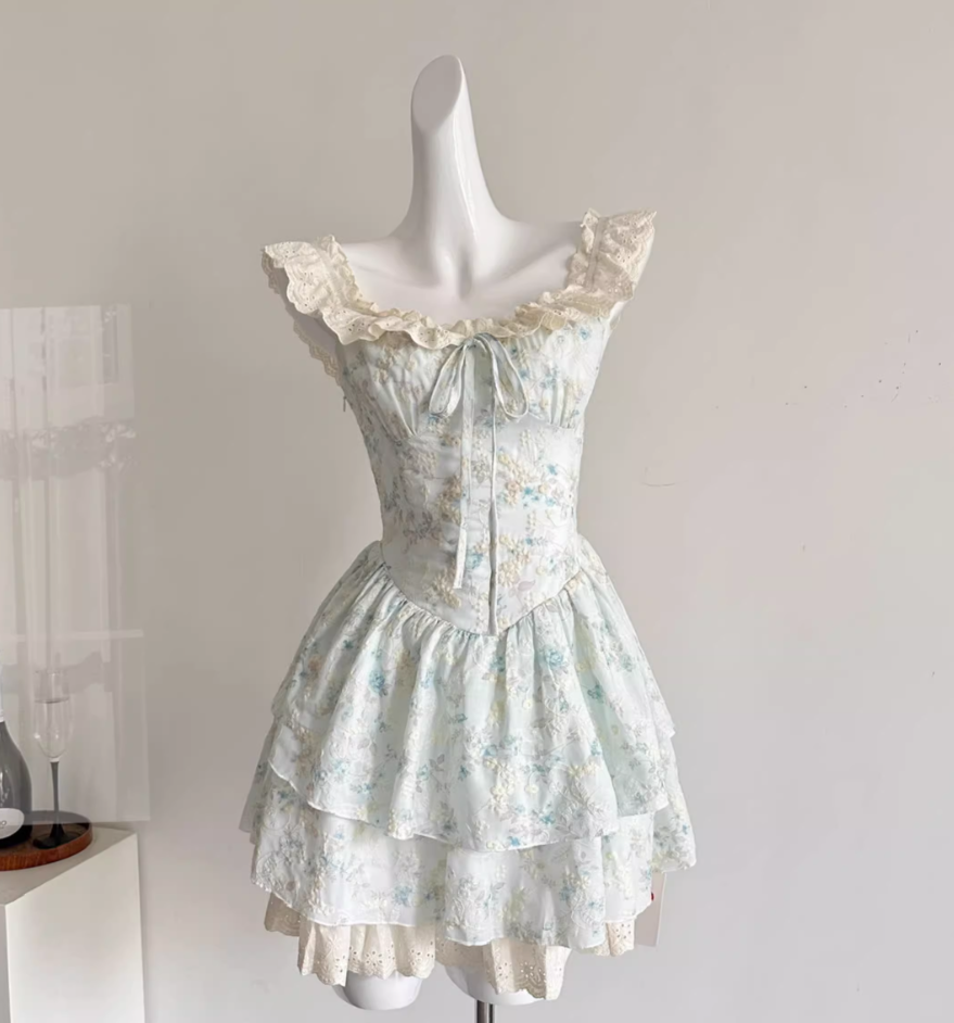 Sweet flying sleeves gentle floral waist princess dress R2008