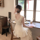 French retro V-neck ruffled cake skirt sleeveless gentle style holiday long skirt R4298