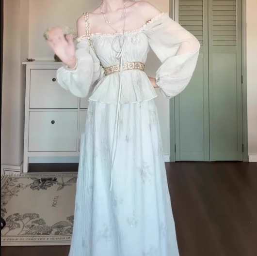 Gentle temperament blue one-shoulder dress beautiful waist A-line long skirt R0666