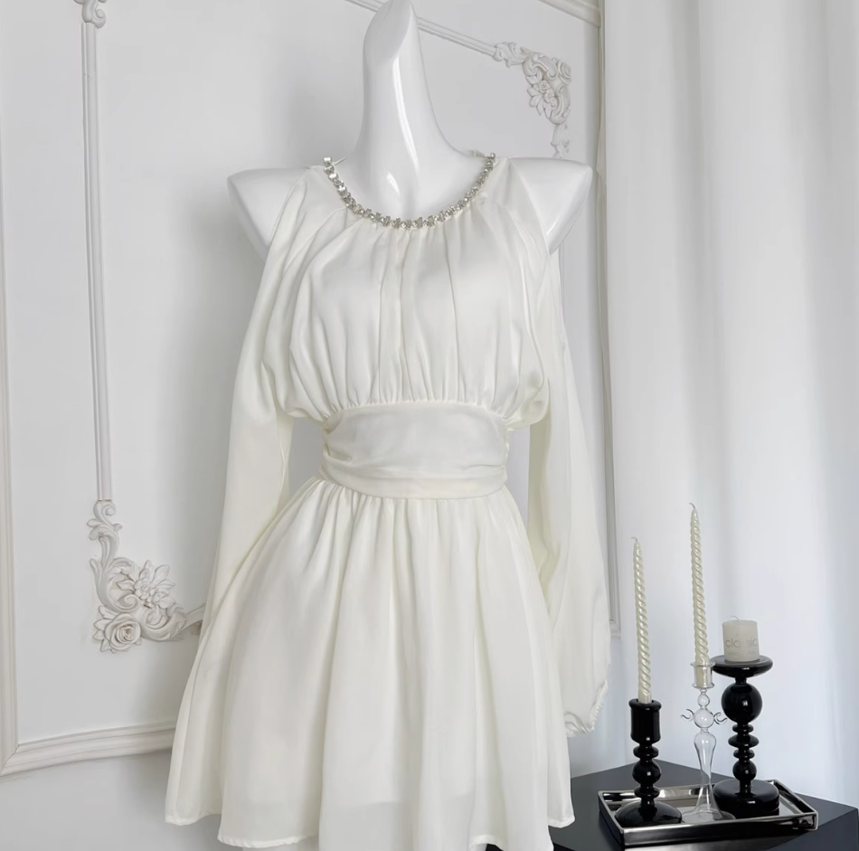 Gentle style halter neck off-shoulder ruffled chiffon dress waist short skirt R2101