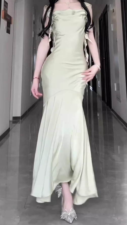 French ruffled sling satin dress large size high-end dress temperament slim fishtail skirt R1840
