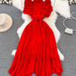 Light luxury temperament stand-up collar off-shoulder pleated waist A-line chiffon dress elegant long skirt R0374