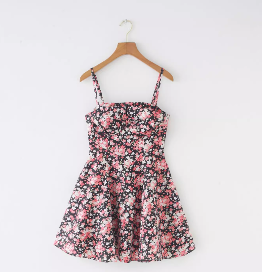 French retro sky blue floral chest cushion for slimming, waist cinching, large skirt with suspender R2873