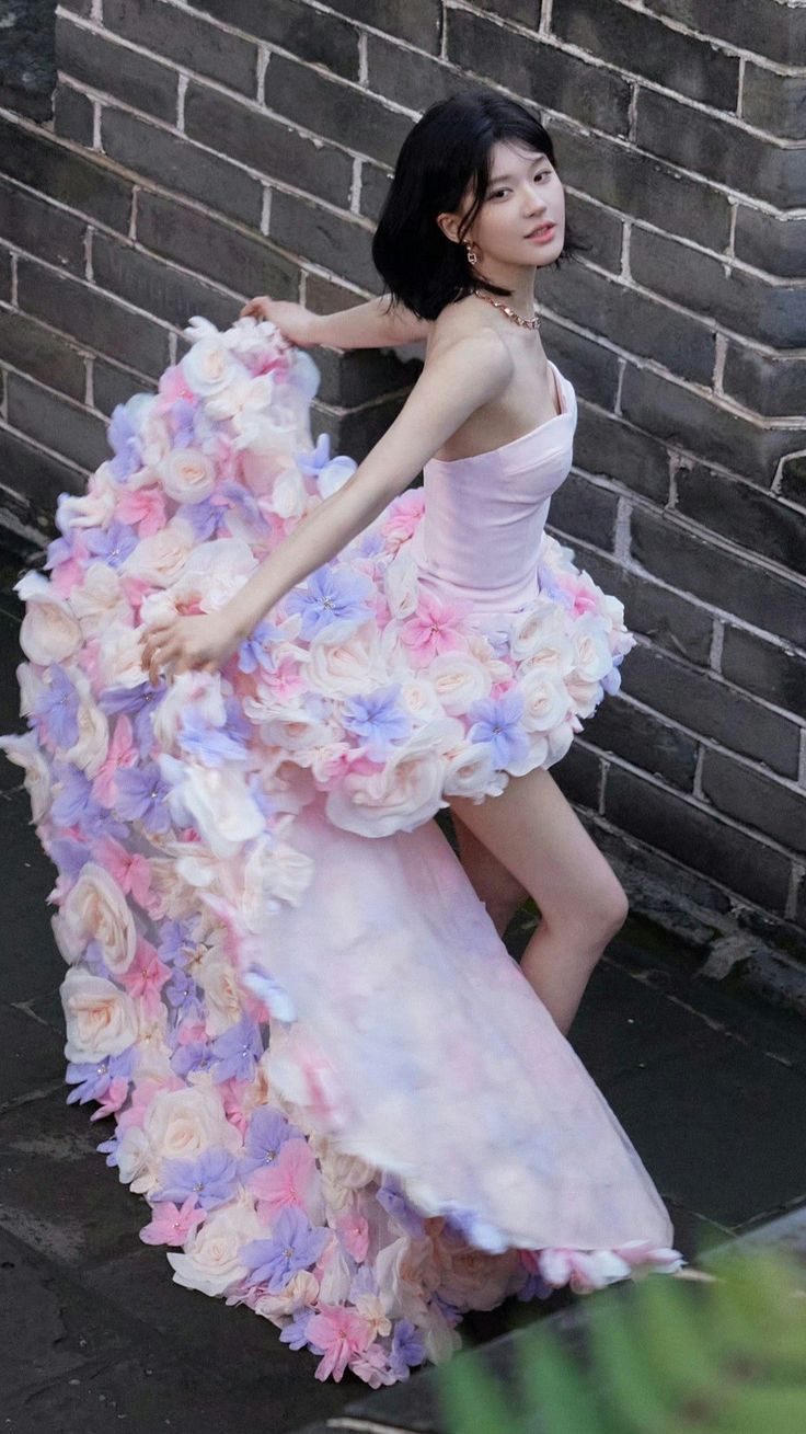 Pink tube top slim waist three-dimensional flower irregular skirt dress, prom dress R5295