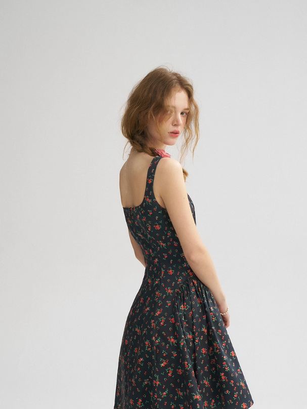 French Retro Floral Sling Dress Sleeveless Short Skirt R2704