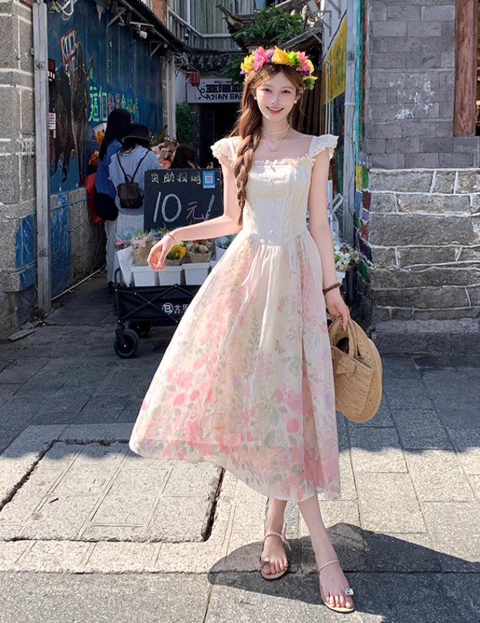 Pink long square neck waist A-line suspender dress women's summer French retro skirt R4740