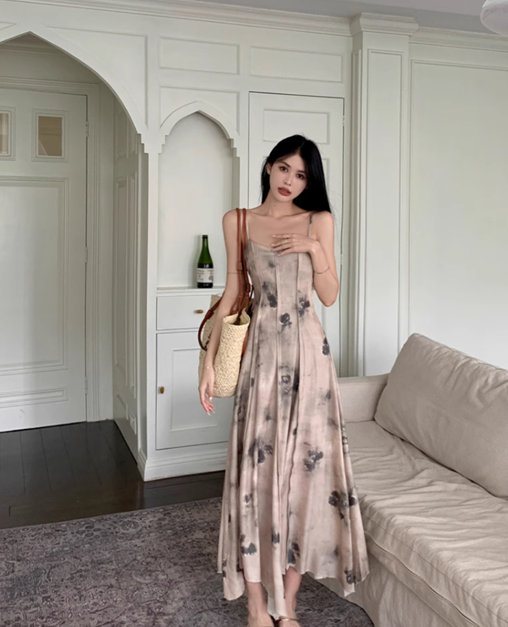 Fairy new Chinese style ink-dyed dress design backless holiday style suspender long dress R1724