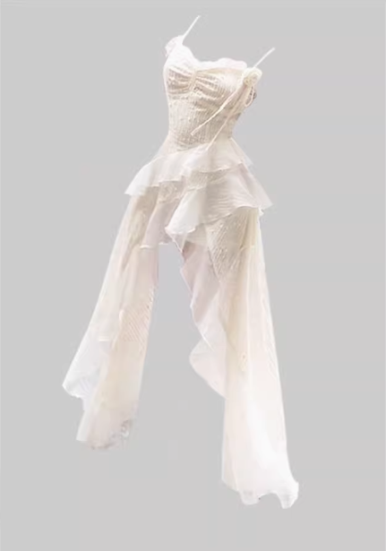 Pure desire design irregular sling dress 2025 ruffle waist fairy long dress R1109