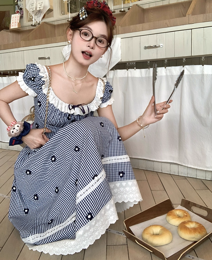 Women's summer French style two-piece square neck short striped short-sleeved top skirt suit R4912