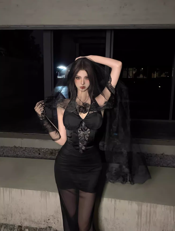 Christmas Black V-neck Lace Dress 2025 Mesh Hip Fishtail Skirt R1024