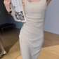 Square neck pleated slim waist suspenders long short hip-wrapped slit dress R1481