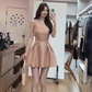 Gentle and elegant pink square neck suspender dress with waist A-line short skirt R0487