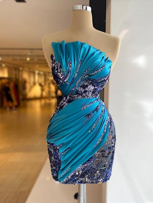 Blue irregular neckline slim waist hip sexy homecoming dress R2482