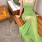 Green suspender dress, elegant waist, slim fit, hip skirt R0535