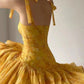 Yellow broken flower suspender slim irregular skirt homecoming dress R2515