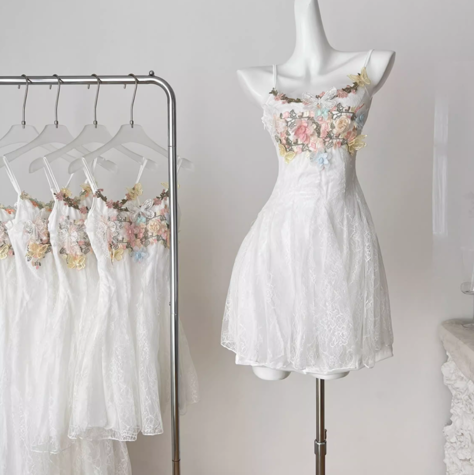 French seaside suspender dress white beautiful lace fishtail dress long skirt R2019