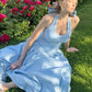 Light blue halter neck suspenders waist slim long skirt homecoming dress R3446