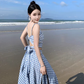 Travel wear women's beach dress backless blue and white plaid skirt a-line suit R1567