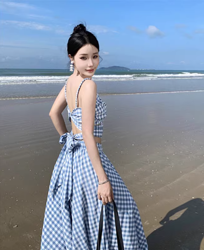 Travel wear women's beach dress backless blue and white plaid skirt a-line suit R1567