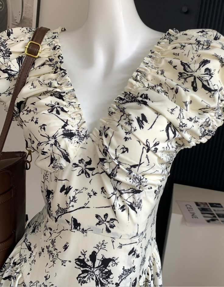 French floral V-neck short dress for women summer ruffled skirt R1991