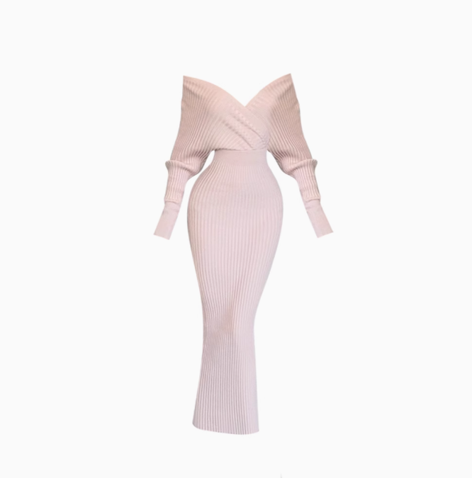 French gentle style V-neck backless knitted dress 2025 waist-hugging hip long skirt R1159