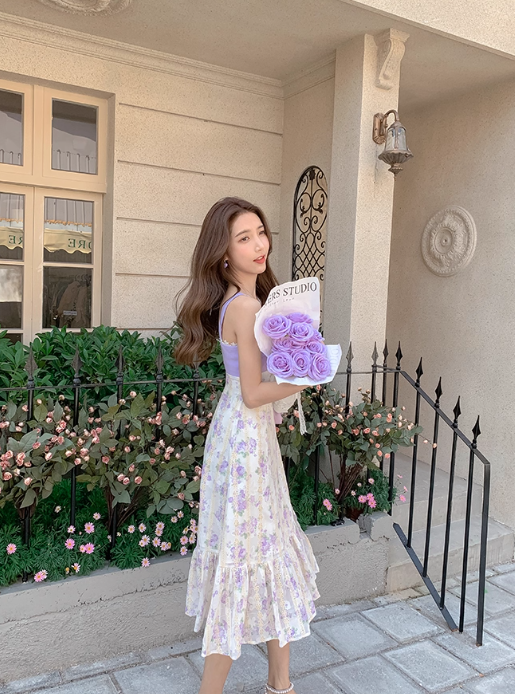 One-shoulder purple suspender floral dress for women summer design temperament sweet long dress R4111