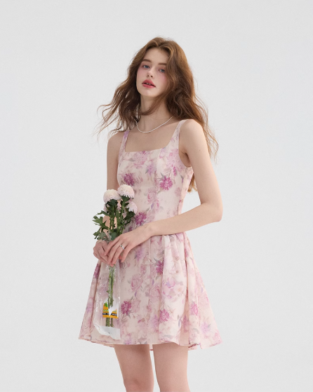 Floral suspender skirt with pink mini skirt R2662