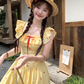 Long ruffled square neck waist dress for women summer French temperament A-line skirt R4744