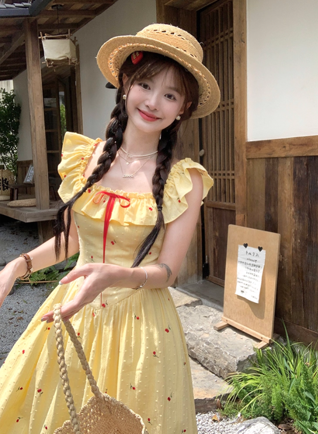 Long ruffled square neck waist dress for women summer French temperament A-line skirt R4744