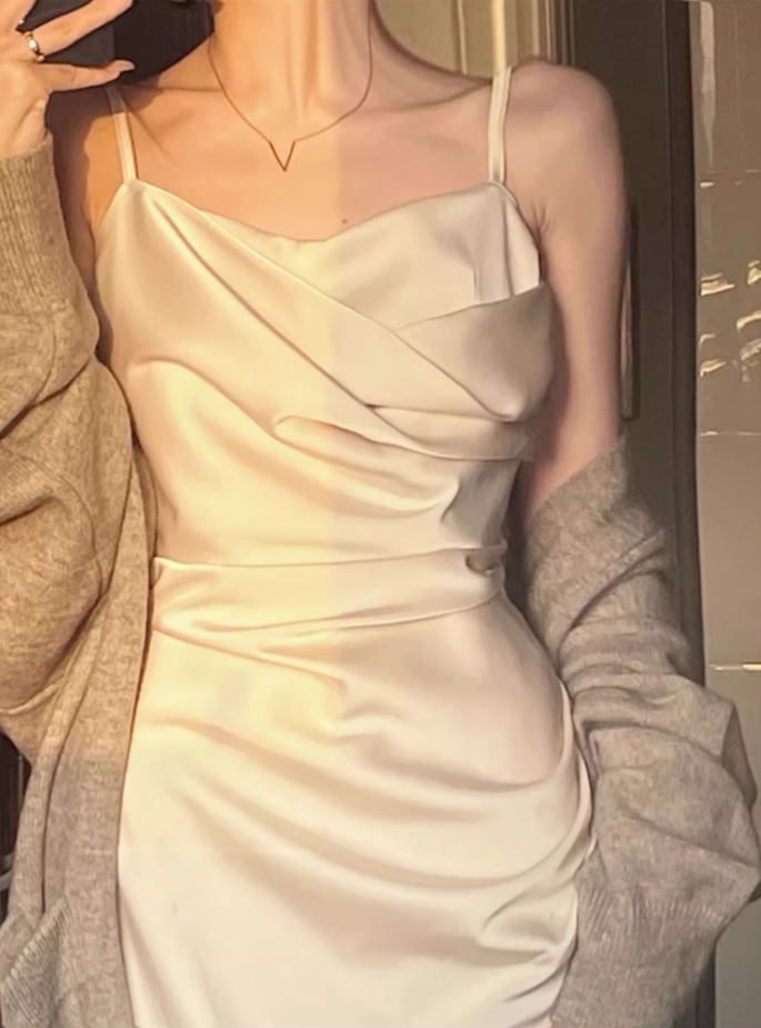 Silk satin sexy dress 2025 temperament holiday seaside slit inner suspender skirt R1441